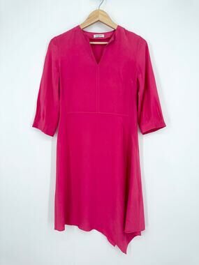 ROSSO35 100% Silk Dress V-Neck 3/4 Sleeve Asymmetric Hem, Bright Pink